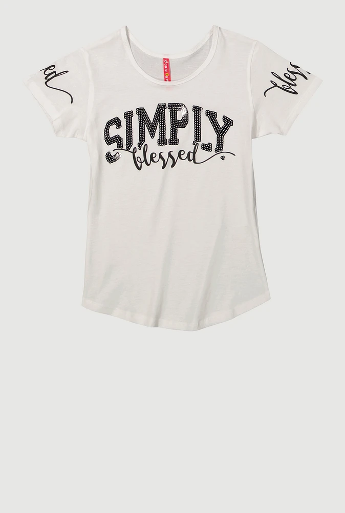 Girls Sequin Simply Blessed Tee, White, Size 10-12