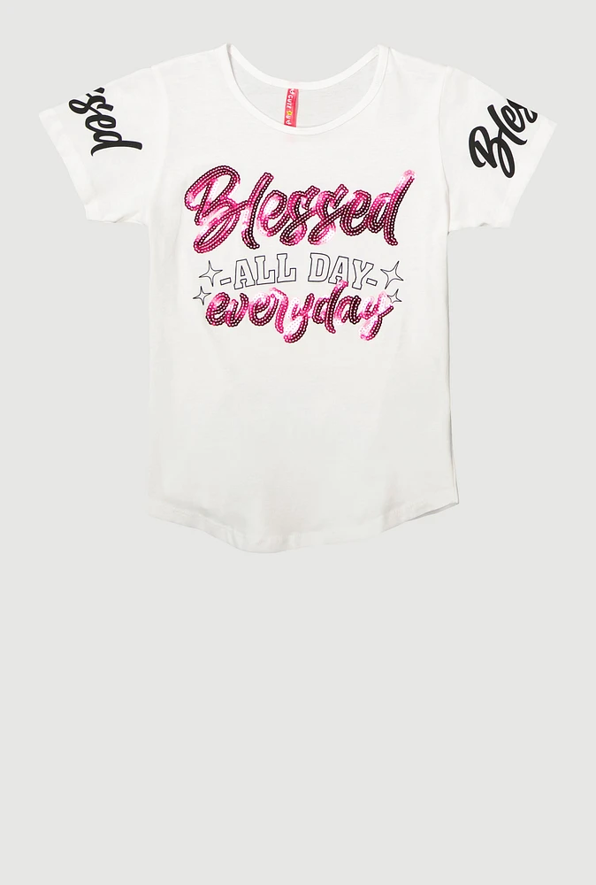 Girls Sequin Blessed All Day Everyday Graphic Tee, White,