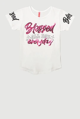 Girls Sequin Blessed All Day Everyday Graphic Tee, White, Size 10-12