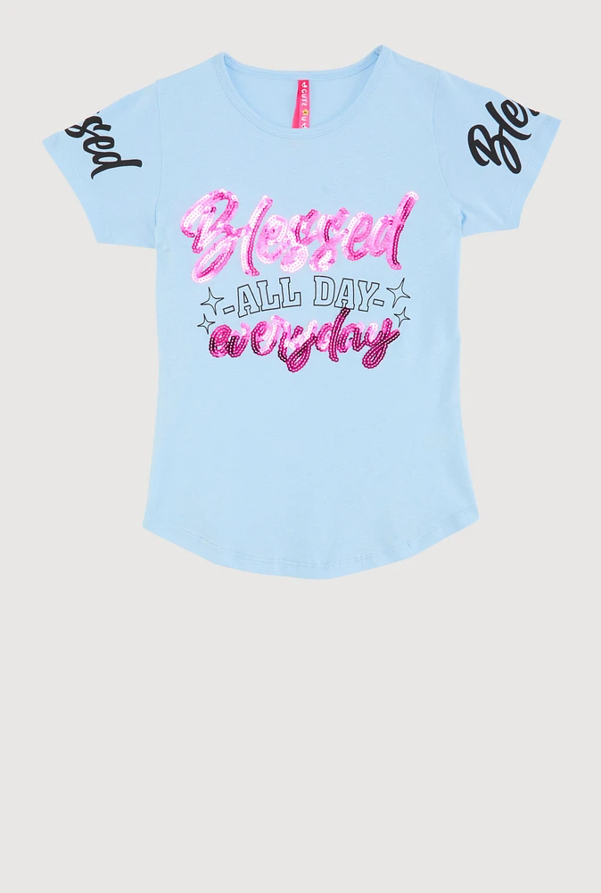 Girls Sequin Blessed All Day Everyday Graphic Tee,