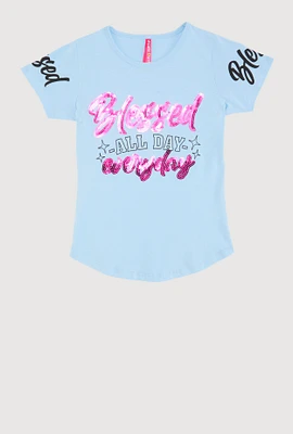 Girls Sequin Blessed All Day Everyday Graphic Tee,