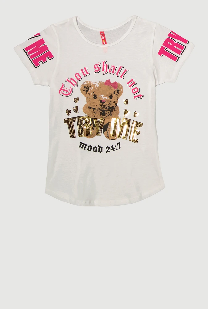Girls Sequin Thou Shall Not Graphic Tee, White, Size 7-8