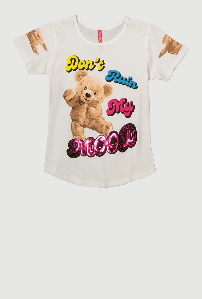 Girls Sequin Dont Ruin My Mood Graphic Tee, White, Size 7-8