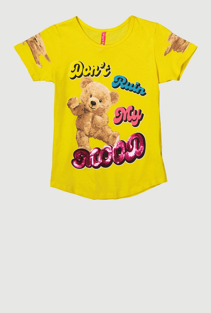 Girls Sequin Dont Ruin My Mood Graphic Tee, Yellow, Size 14-16