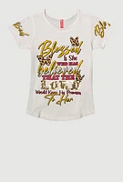 Girls Sequin Blessed Is She Graphic Tee, White, Size 14-16