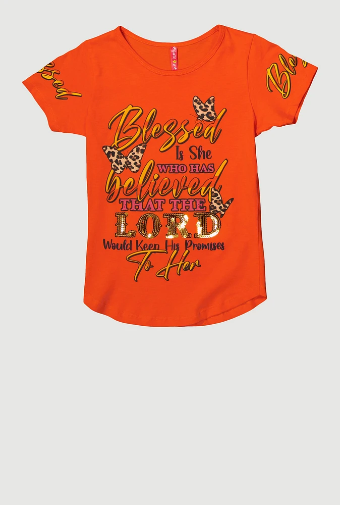 Girls Sequin Blessed Is She Graphic Tee,