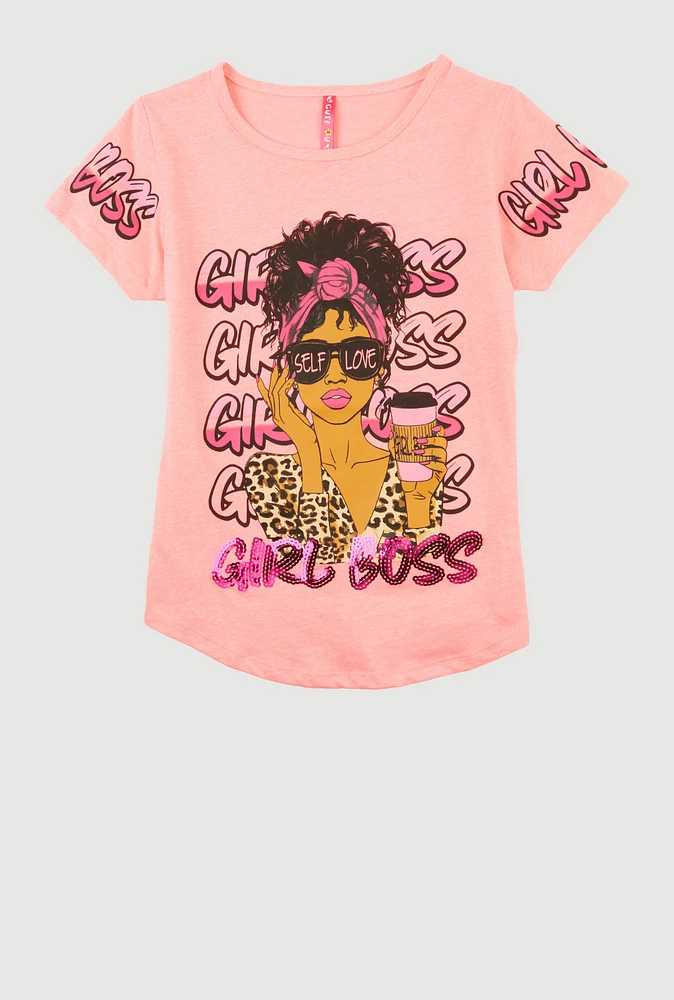 Girls Sequin Girl Boss Graphic Tee, Pink, Size 14-16