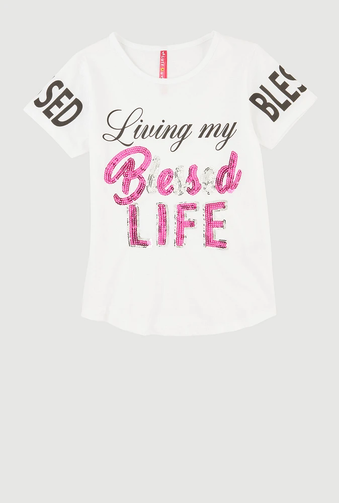 Girls Sequin Living My Blessed Life Tee, White, Size 10-12