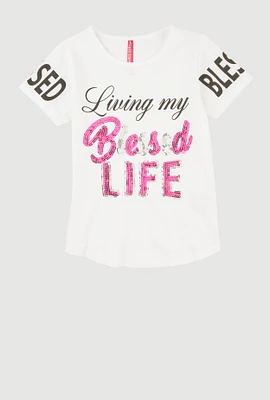 Girls Sequin Living My Blessed Life Tee, White, Size 10-12