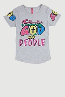 Girls Sequin Following God Graphic Tee, Grey, Size 14-16