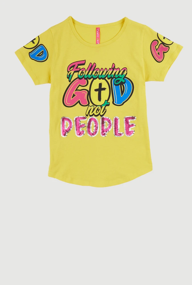 Girls Sequin Following God Graphic Tee, Yellow, Size 14-16