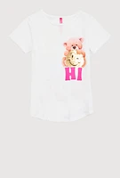 Girls Hi Bear Sequin Smiley Tee, White, Size 10-12