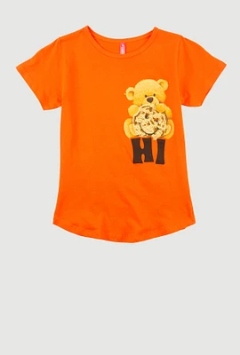 Girls Hi Bear Sequin Smiley Tee, Orange,