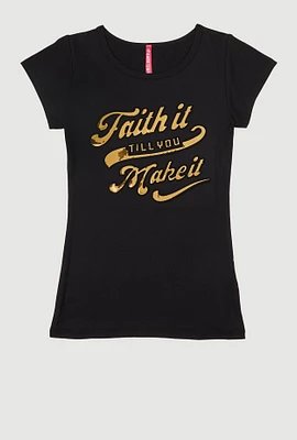 Girls Faith It 3D Foil Graphic Top,