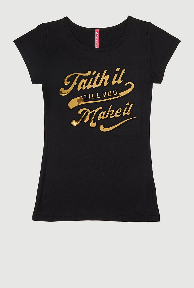Girls Faith It 3D Foil Graphic Top, Black, Size 10-12