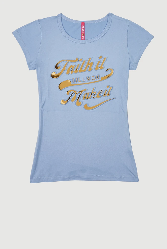 Girls Faith It 3D Foil Graphic Top,