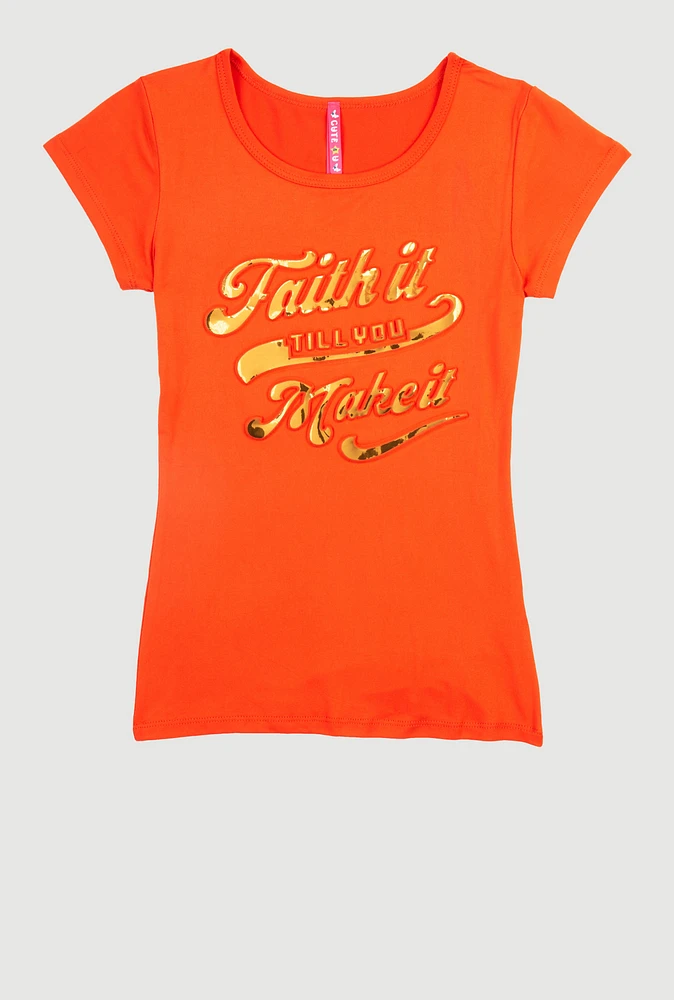 Girls Faith It 3D Foil Graphic Top, Orange, Size 14-16