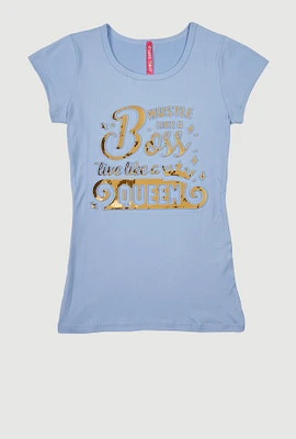 Girls Hustle Like A Boss 3D Foil Graphic Tee, Blue, Size 14-16