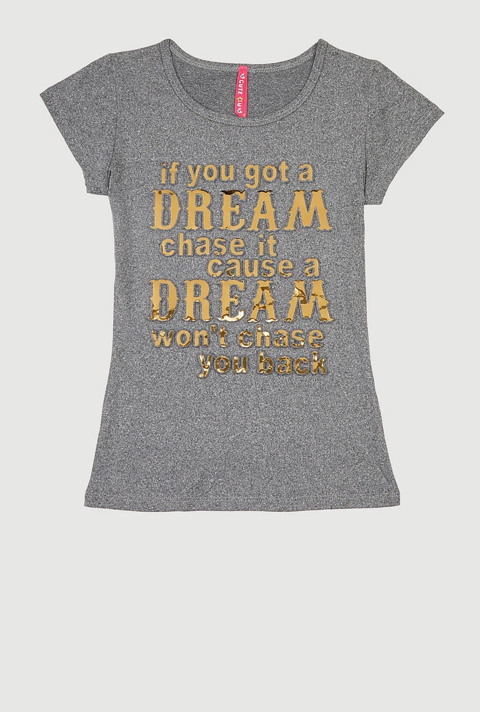 Girls 3D Embossed Dream Graphic Tee, Grey,