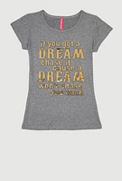 Girls 3D Embossed Dream Graphic Tee, Grey,