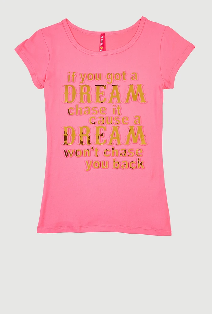 Girls 3D Embossed Dream Graphic Tee, Pink, Size 7-8