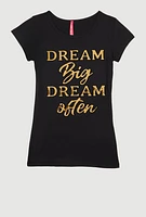 Girls 3D Dream Big Foil Screen Graphic Tee, Black, Size 7-8