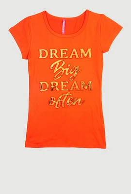 Girls 3D Dream Big Foil Screen Graphic Tee, Orange, Size 7-8