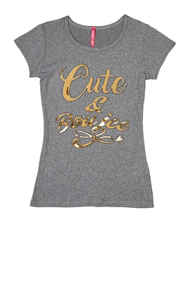 Girls 3D Cute and Boujee Foil Graphic Tee, Grey, Size 10-12