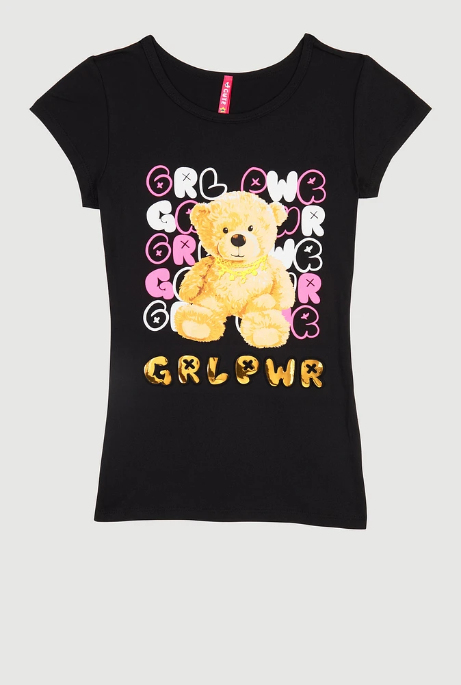 Girls GRL PWR 3D Foil Graphic Tee, Black, Size 7-8