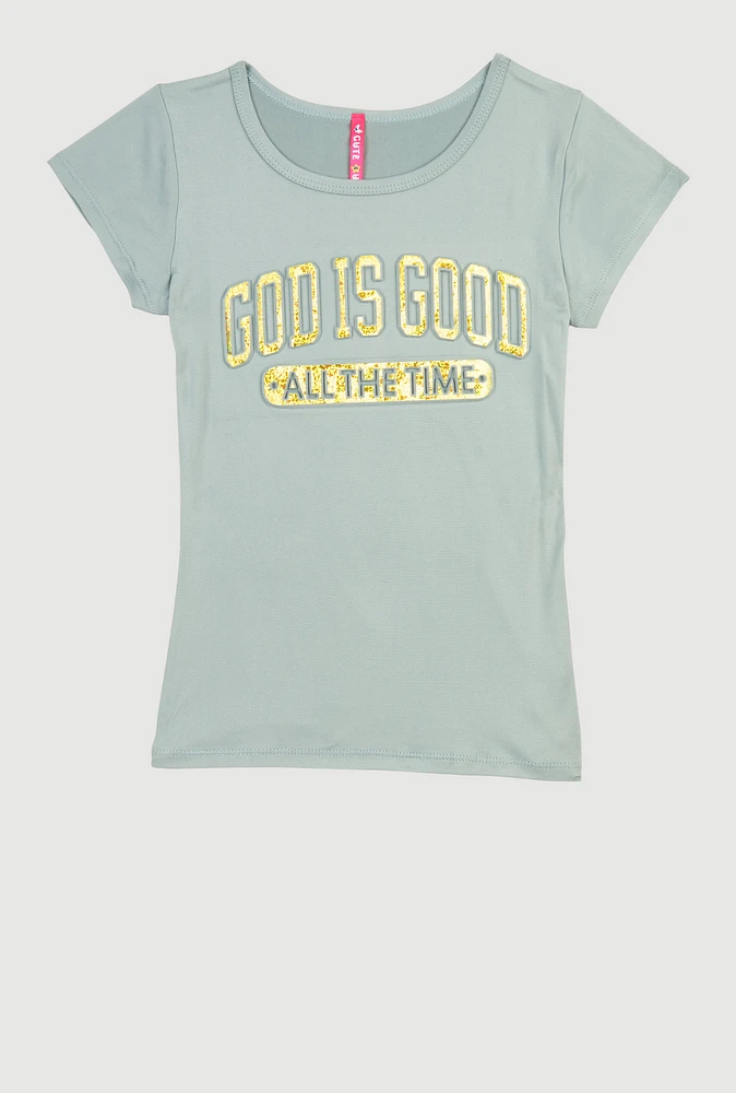 Girls God Is Good 3D Foil Graphic Tee, Grey, Size 7-8