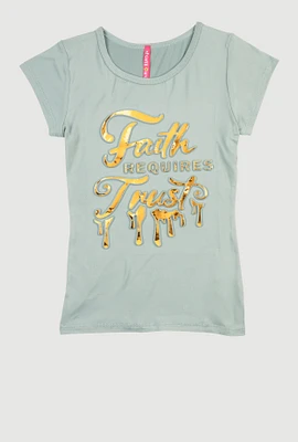 Girls 3D Faith Requires Trust Foil Screen Graphic Tee, Green, Size 7-8