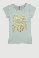 Girls 3D Faith Requires Trust Foil Screen Graphic Tee, Green,