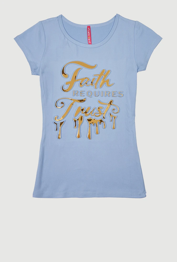 Girls 3D Faith Requires Trust Foil Screen Graphic Tee, Blue, Size 7-8