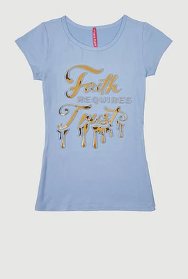 Girls 3D Faith Requires Trust Foil Screen Graphic Tee, Blue, Size 7-8