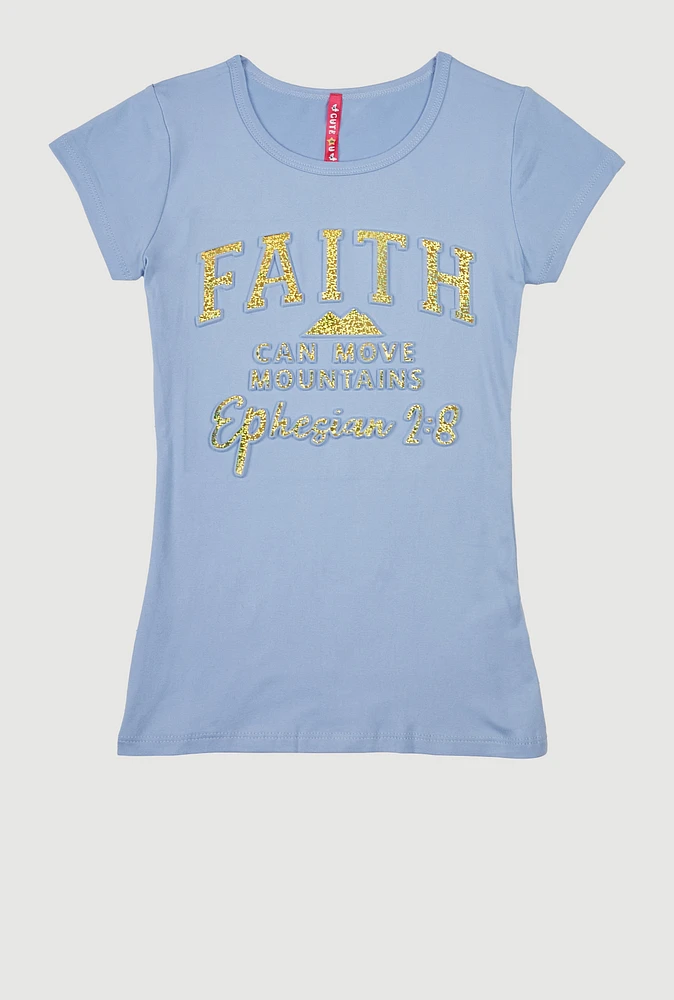 Girls 3D Embossed Faith Graphic Tee, Blue, Size 7-8