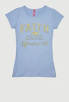 Girls 3D Embossed Faith Graphic Tee, Blue, Size 7-8