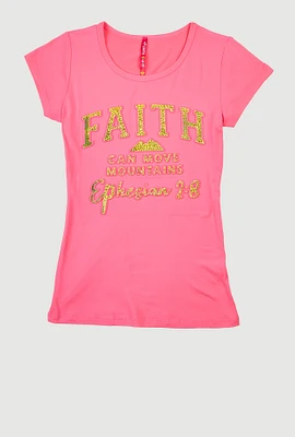 Girls 3D Embossed Faith Graphic Tee, Pink,