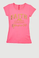 Girls 3D Embossed Faith Graphic Tee, Pink, Size 10-12