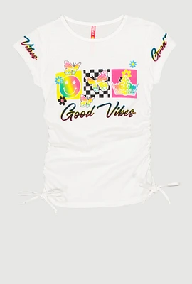 Girls Good Vibes Ruched Graphic Top, White, Size 14-16