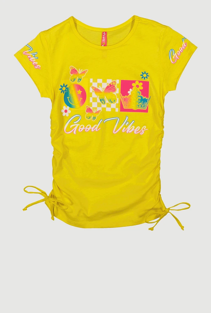 Girls Good Vibes Ruched Graphic Top, Yellow, Size 14-16