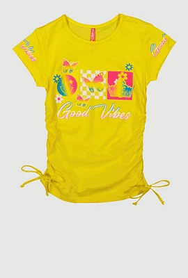 Girls Good Vibes Ruched Graphic Top, Yellow, Size 10-12