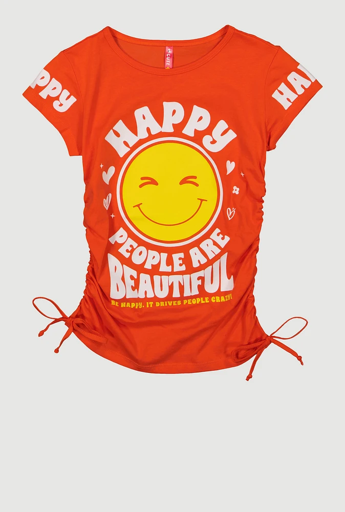 Girls Happy People Are Beautiful Graphic Tee, Orange,