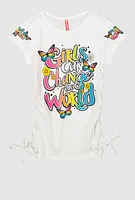 Girls Can Change The World Ruched Tee, White, Size 7-8