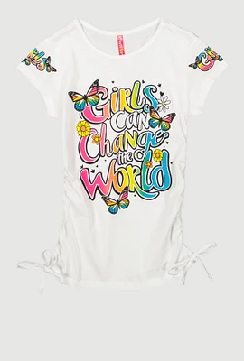 Girls Can Change The World Ruched Tee, White, Size 7-8