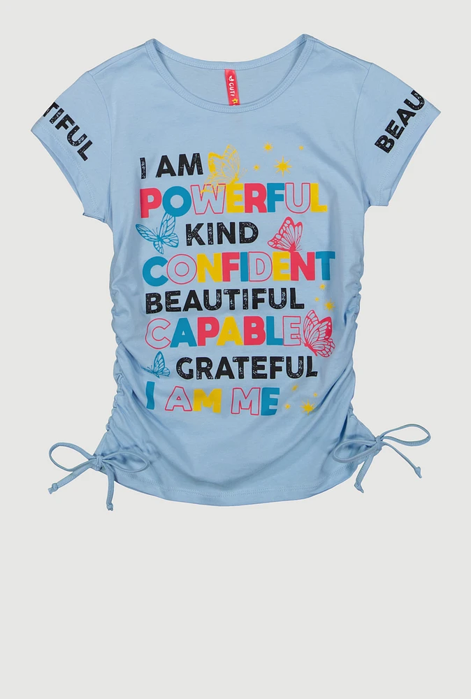 Girls Beautiful Graphic Ruched Tee, Blue,