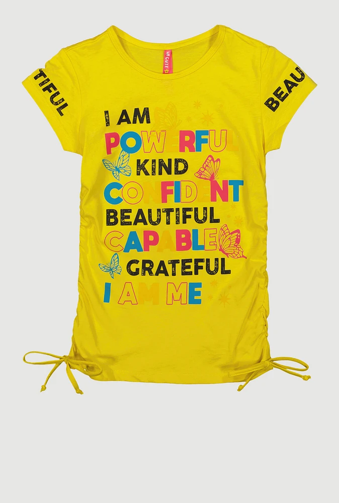 Girls Beautiful Graphic Ruched Tee, Yellow, Size 14-16