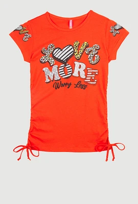 Girls Love More Worry Less Ruched Tee, Orange, Size 7-8