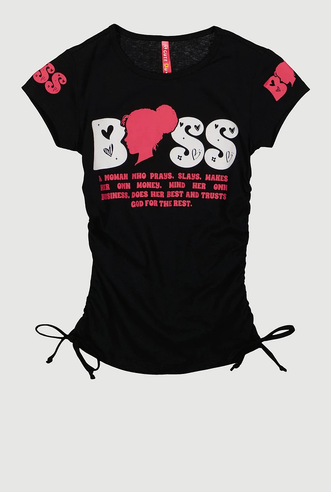 Girls Boss Graphic Ruched Tee, Black, Size 7-8
