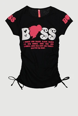 Girls Boss Graphic Ruched Tee, Black, Size 7-8