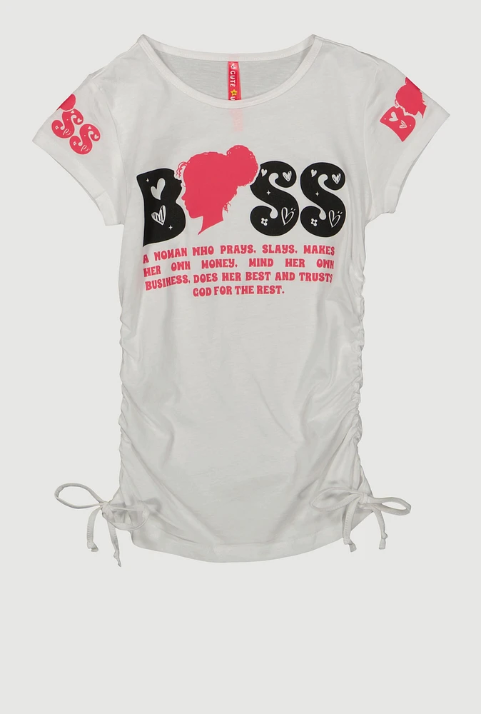 Girls Boss Graphic Ruched Tee, White, Size 14-16